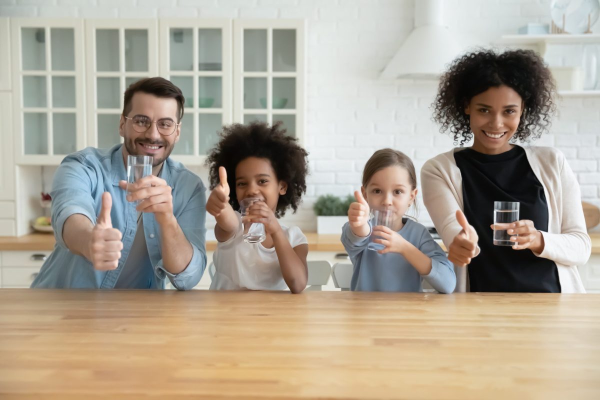 Portrait of happy healthy mixed race family holding glasses of pure cool water, showing thumbs up gesture. Positive smiling emotional multiracial couple with children recommending healthcare habit.